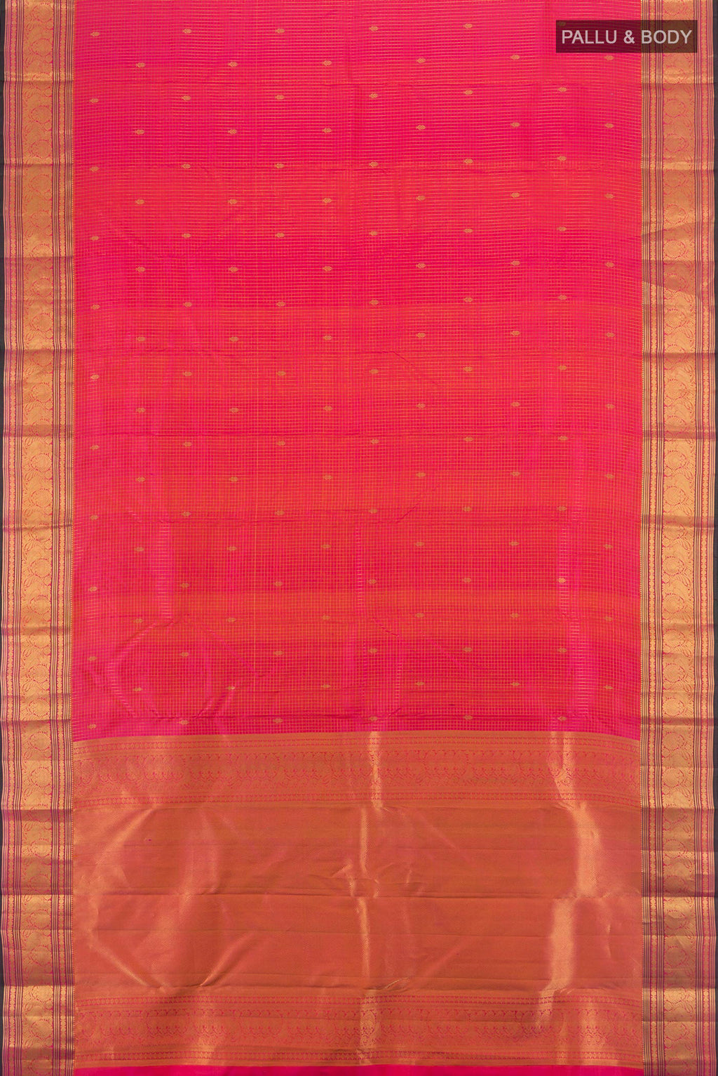 Flat view of Pink Kanchipuram Silk Saree with Zari Butta on the body and Zari Border. 
