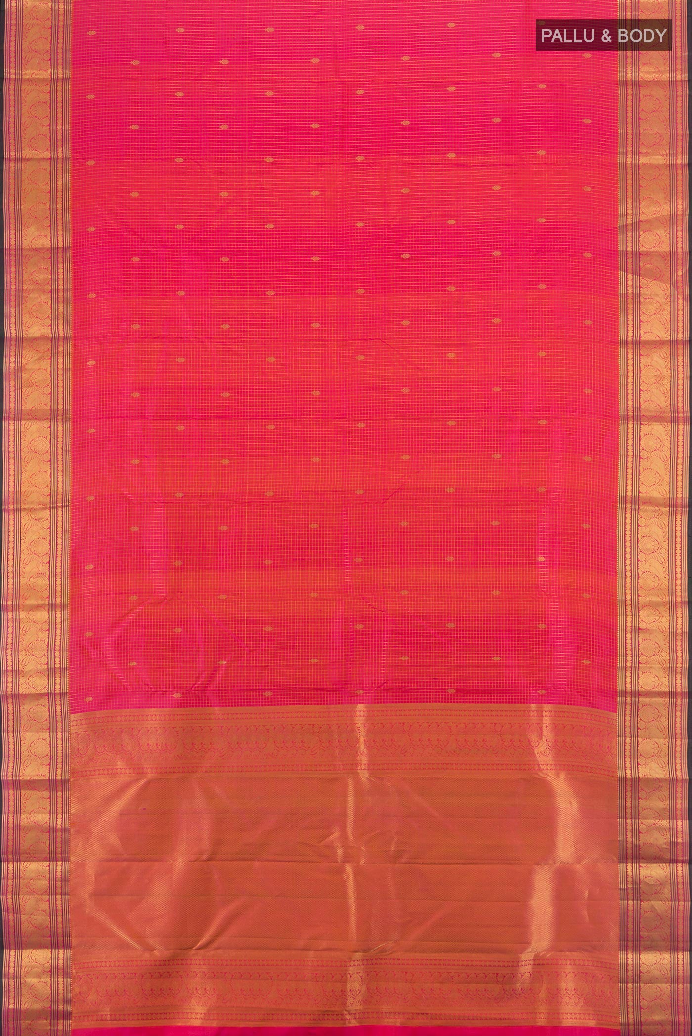 Flat view of Pink Kanchipuram Silk Saree with Zari Butta on the body and Zari Border. 