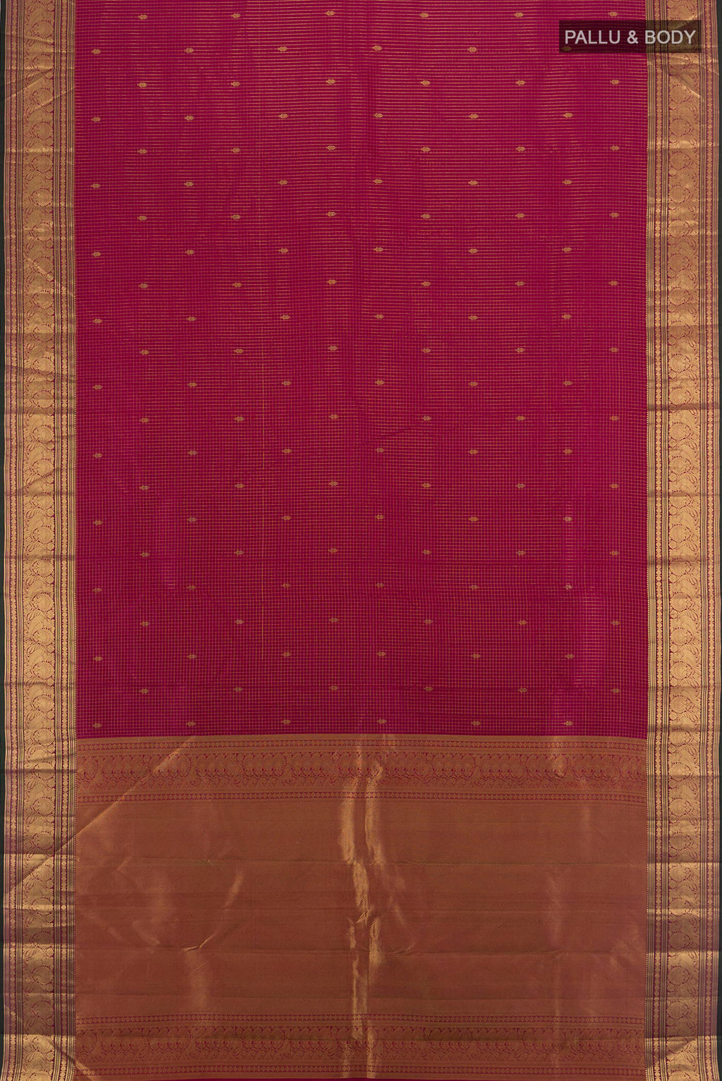 Flat view of Magenta Kanchipuram Silk Saree with Zari Butta on the body and Zari Border. 