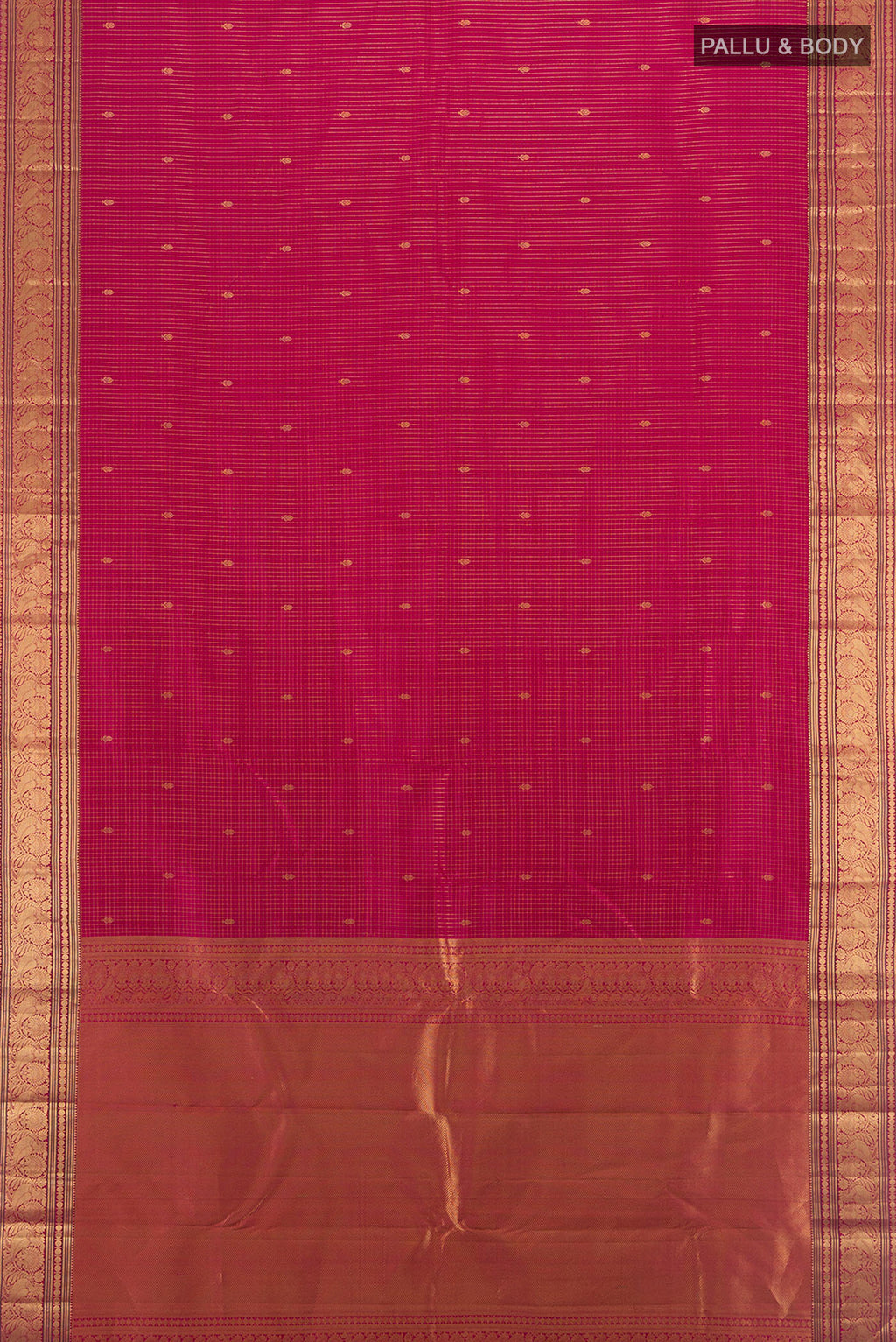 Flat view of Dark Pink Kanchipuram Silk Saree with Zari Butta on the body and Zari Border. 