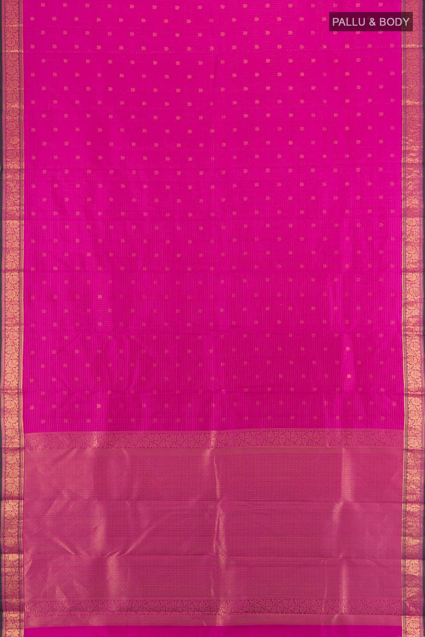 Flat view of Rani Pink Kanchipuram Silk Saree with Zari Butta on the body and Zari Border. 