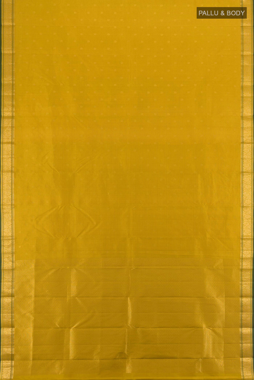 Flat view of Mehandi Green Kanchipuram Silk Saree with Zari Butta on the body and Zari Border. 