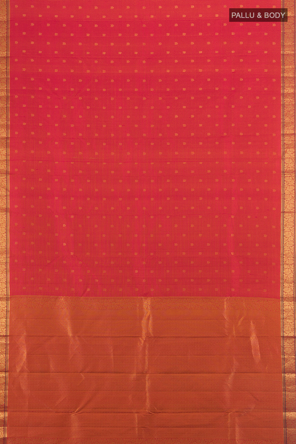 Flat view of Pink Kanchipuram Silk Saree with Zari Butta on the body and Zari Border. 