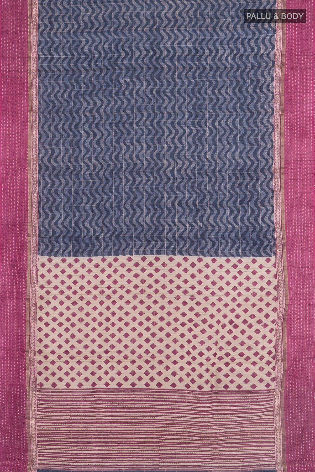 Flat view of Pure Silk Blue Tussar Saree with Printed design on the body and Plain Border. 