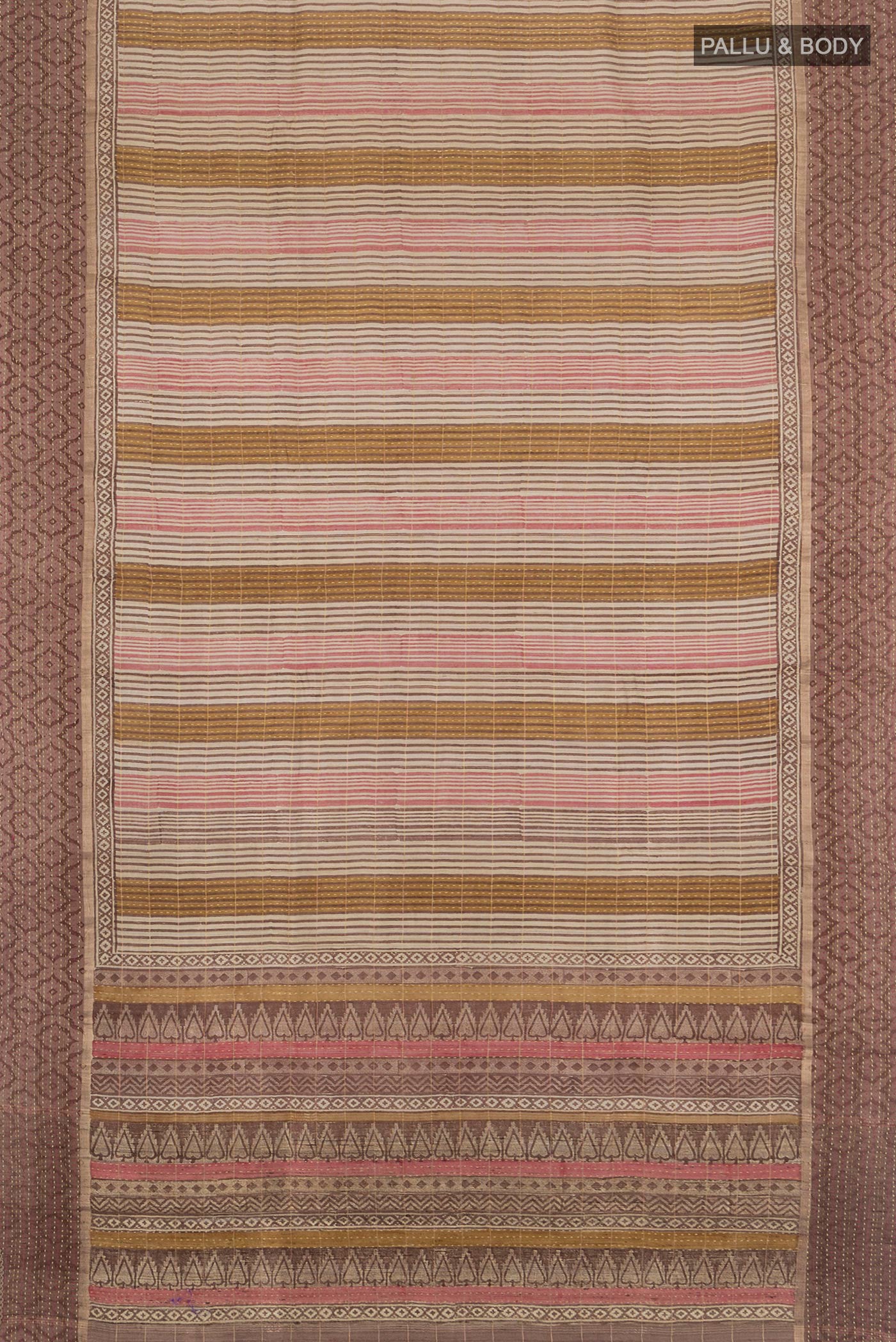 Flat view of Brown Tussar Silk Saree with Printed design on the body and Printed Border. 