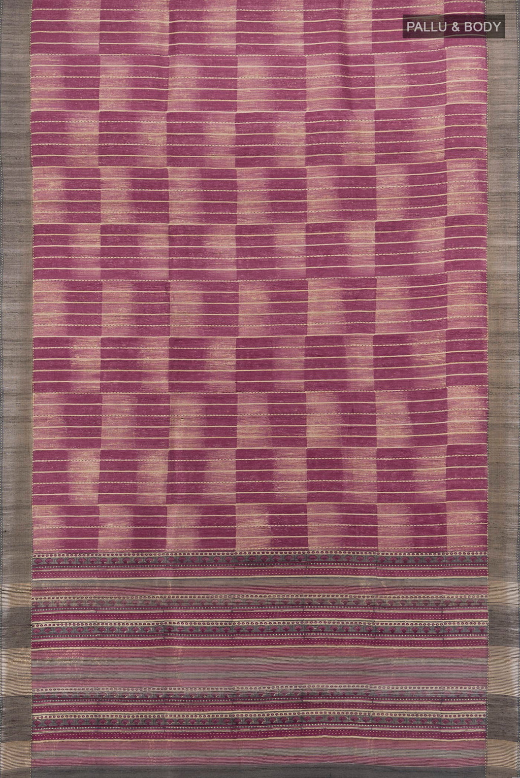 Flat view of Multi Color Tussar Saree with Printed design on the body and Zari Border. 
