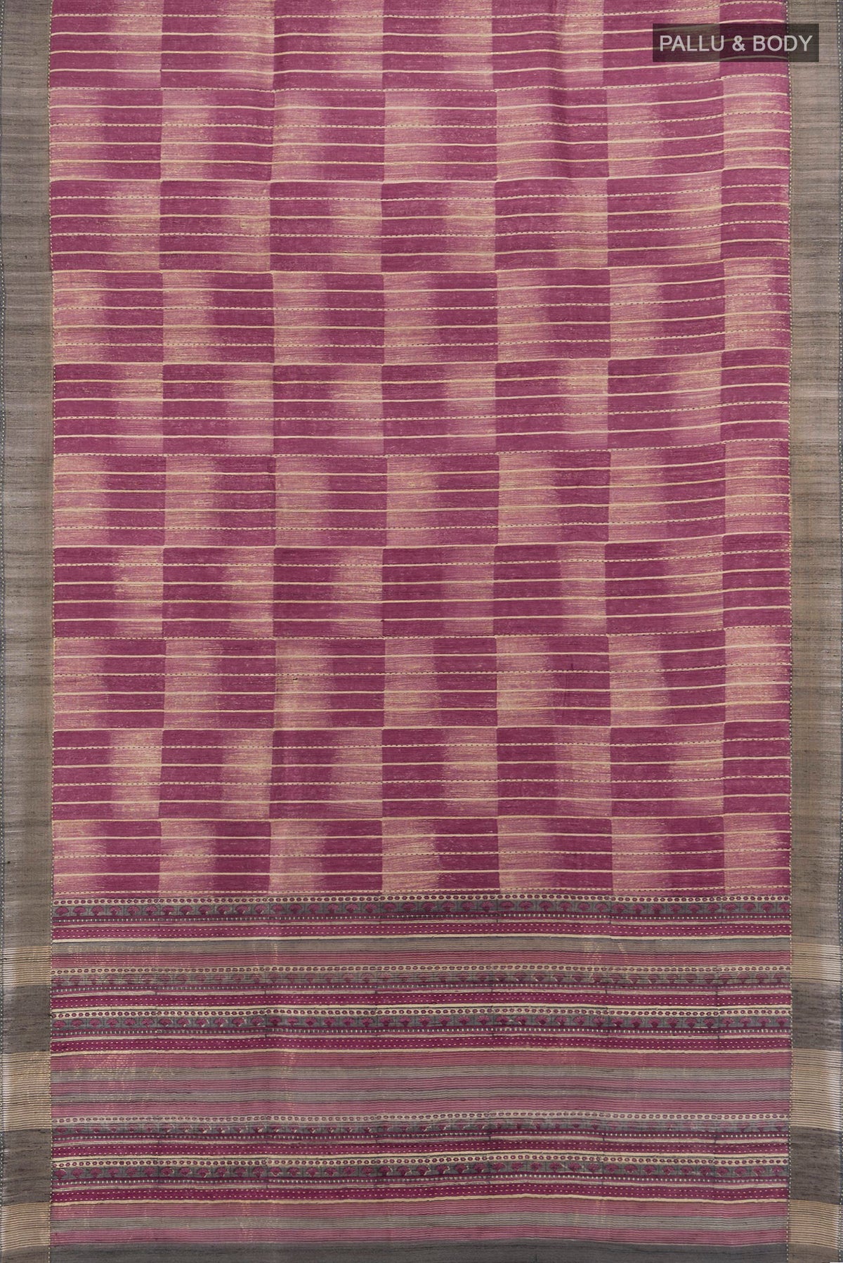 Flat view of Multi Color Tussar Saree with Printed design on the body and Zari Border. 