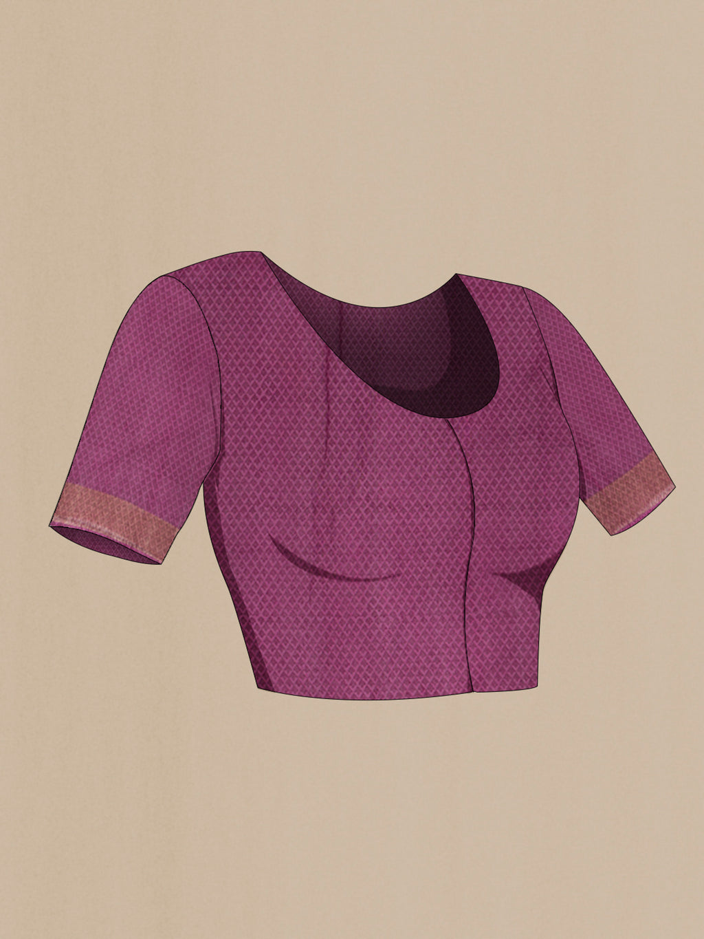 Close up image of the blouse of Purple Tussar Silk Saree with Printed design on the body and Zari Border. 