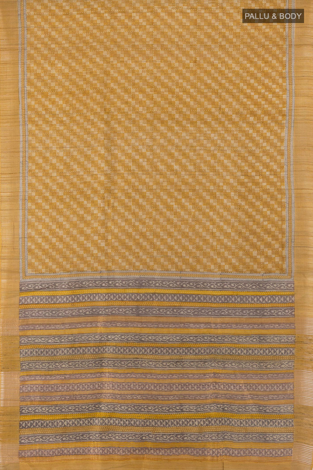 Flat view of Mustard Tussar Saree with Embroidery on the body and Zari Border. 