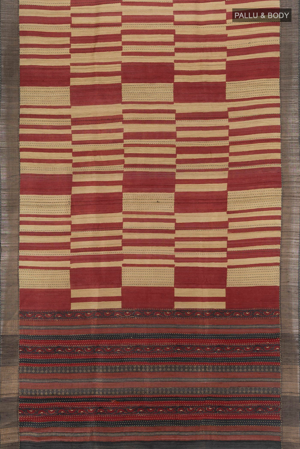 Flat view of Multi Color Tussar Silk Saree with Printed design on the body and Zari Border. 