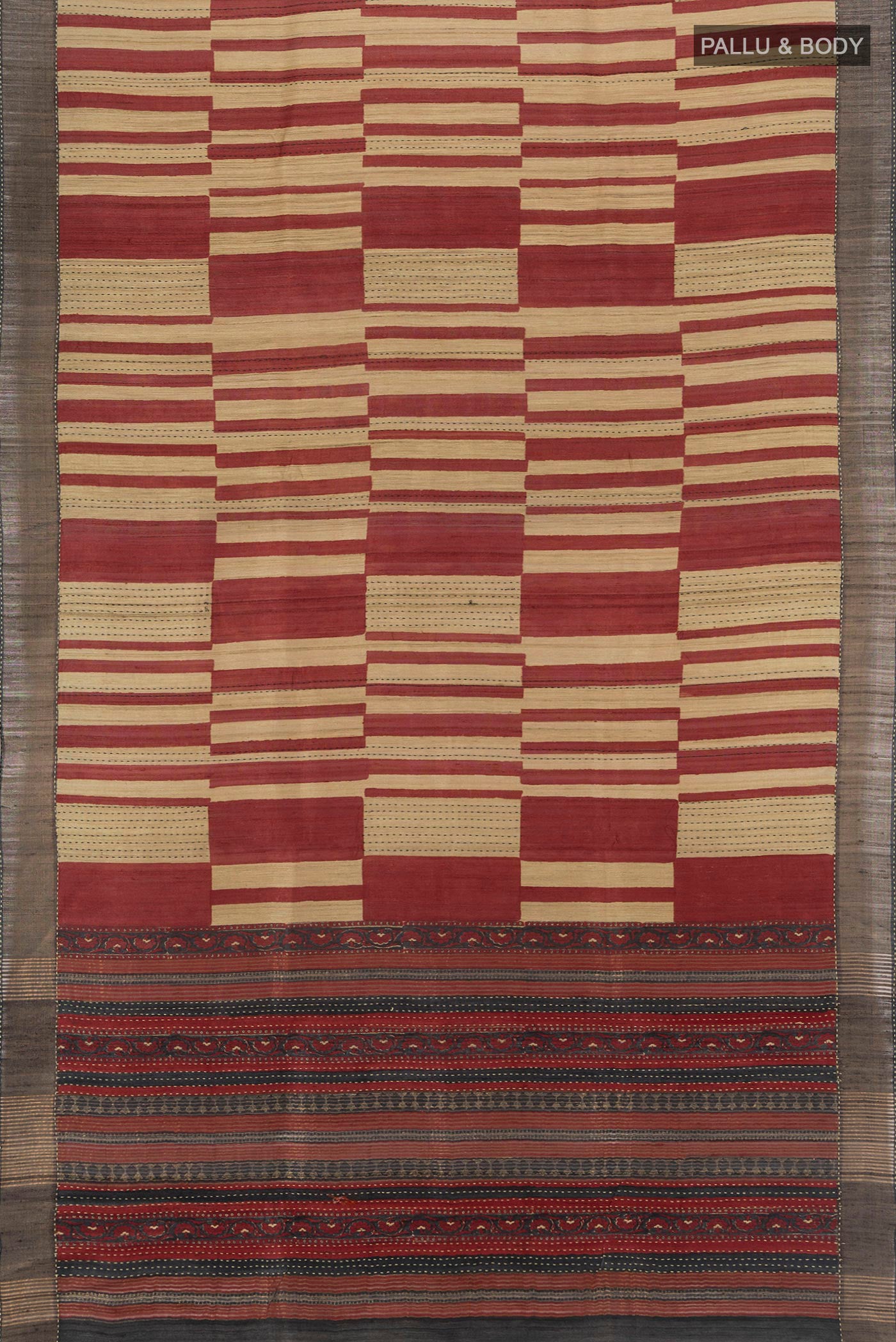 Flat view of Multi Color Tussar Silk Saree with Printed design on the body and Zari Border. 