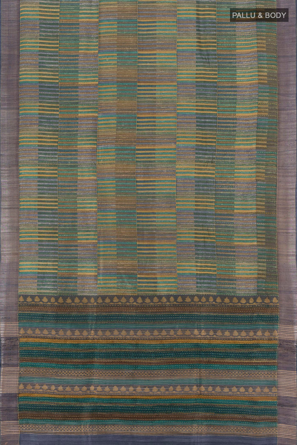 Flat view of Multi Color Tussar Silk Saree with Geometric Print on the body and Zari Border. 