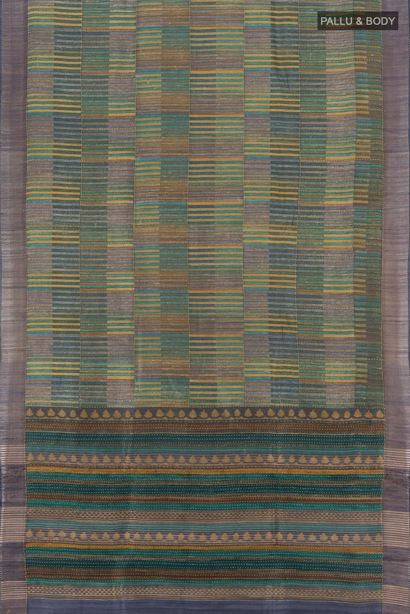 Flat view of Multi Color Tussar Silk Saree with Geometric Print on the body and Zari Border. 