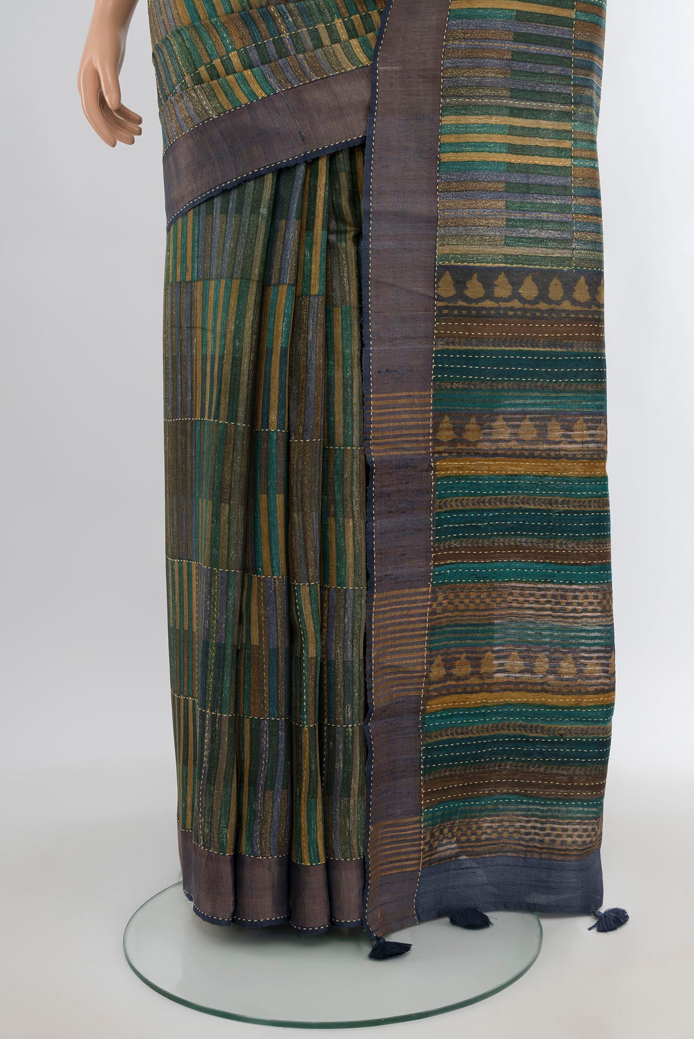 Pleats and pallu of Multi Color Tussar Silk Saree with Geometric Print on the body and Zari Border. 