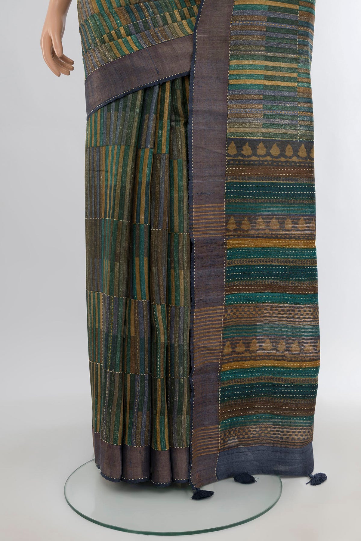 Pleats and pallu of Multi Color Tussar Silk Saree with Geometric Print on the body and Zari Border. 