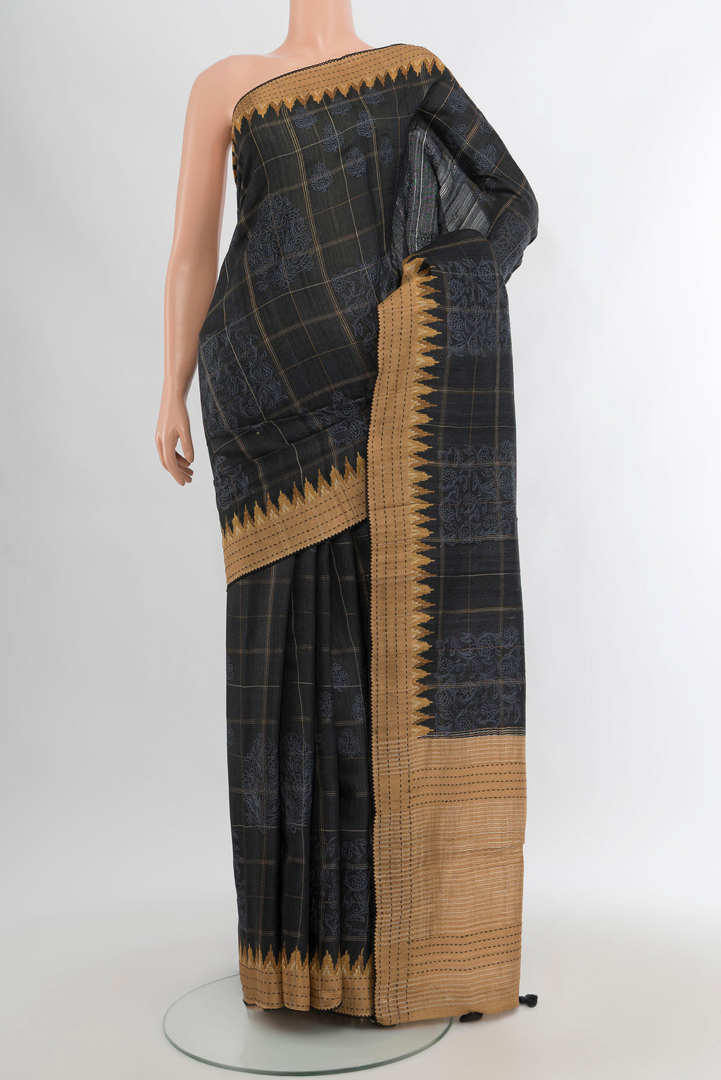 Grey Tussar Silk Saree with Floral Print on the body and Thread Border.  displayed on a mannequin