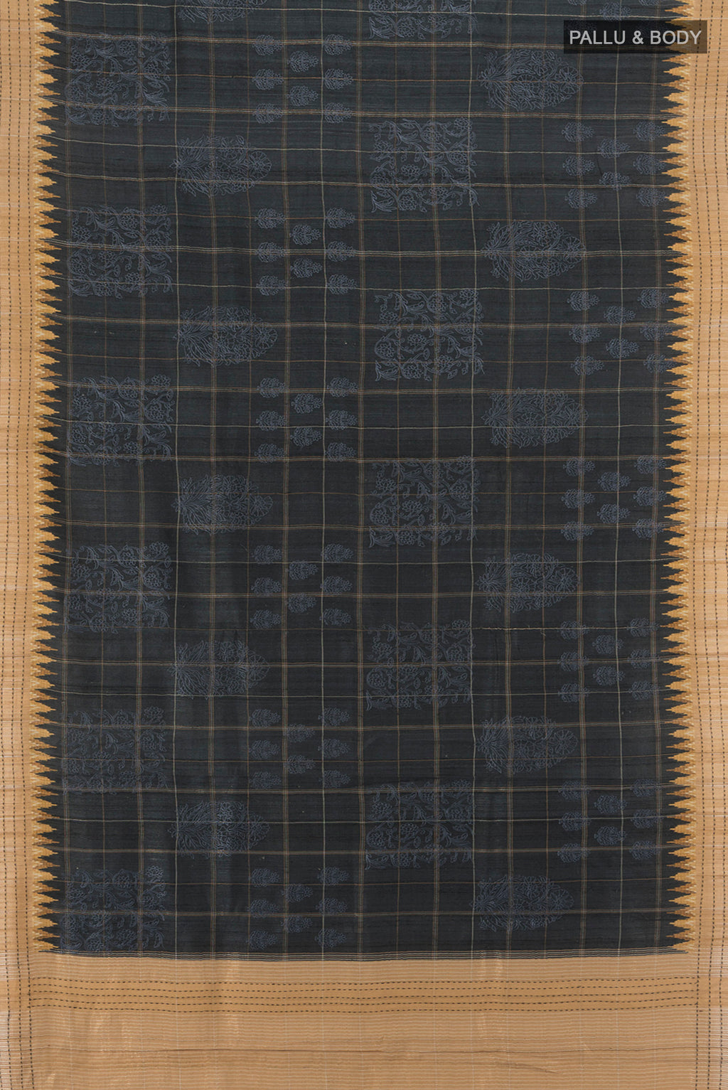 Flat view of Grey Tussar Silk Saree with Floral Print on the body and Thread Border. 