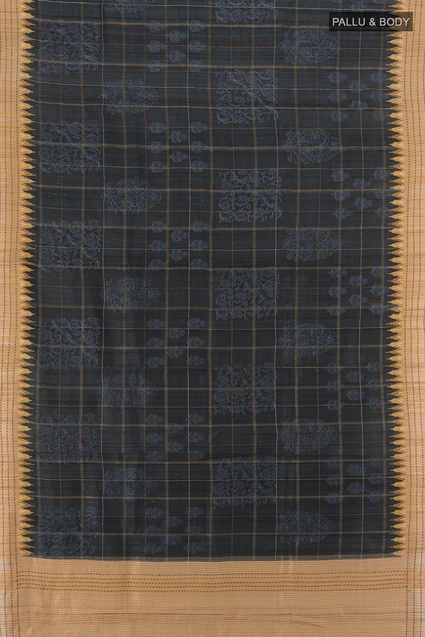 Flat view of Grey Tussar Silk Saree with Floral Print on the body and Thread Border. 