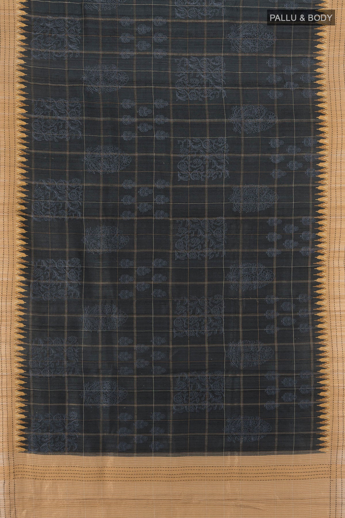 Flat view of Grey Tussar Silk Saree with Floral Print on the body and Thread Border. 