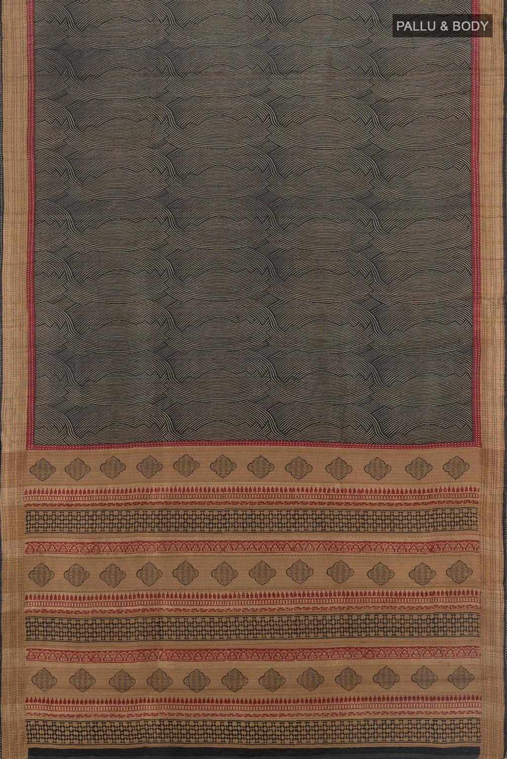 Flat view of Black Tussar Silk Saree with Printed design on the body and Thread Border. 
