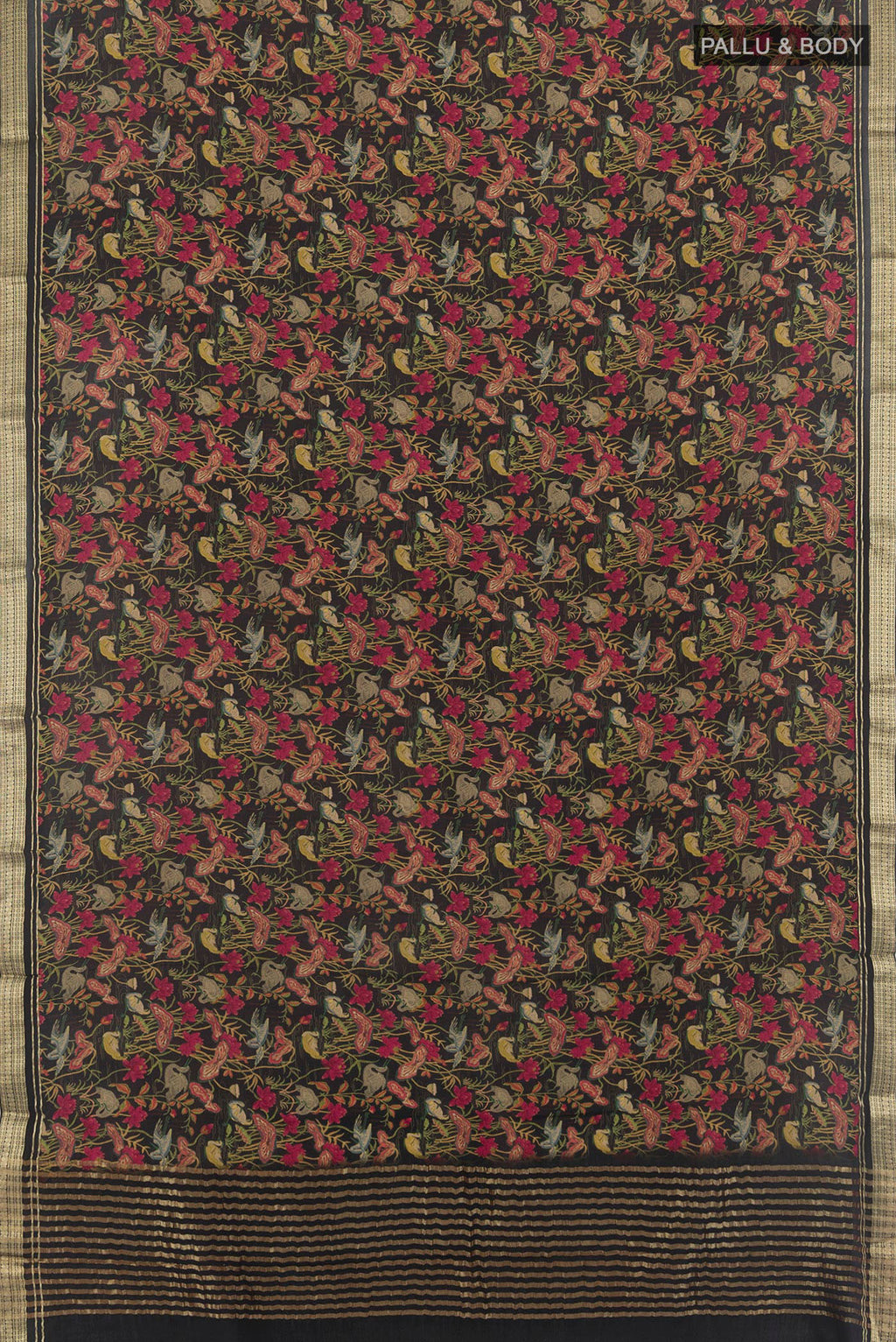 Flat view of Black Mysore Crepe Saree with Floral Print on the body and Zari Border. 