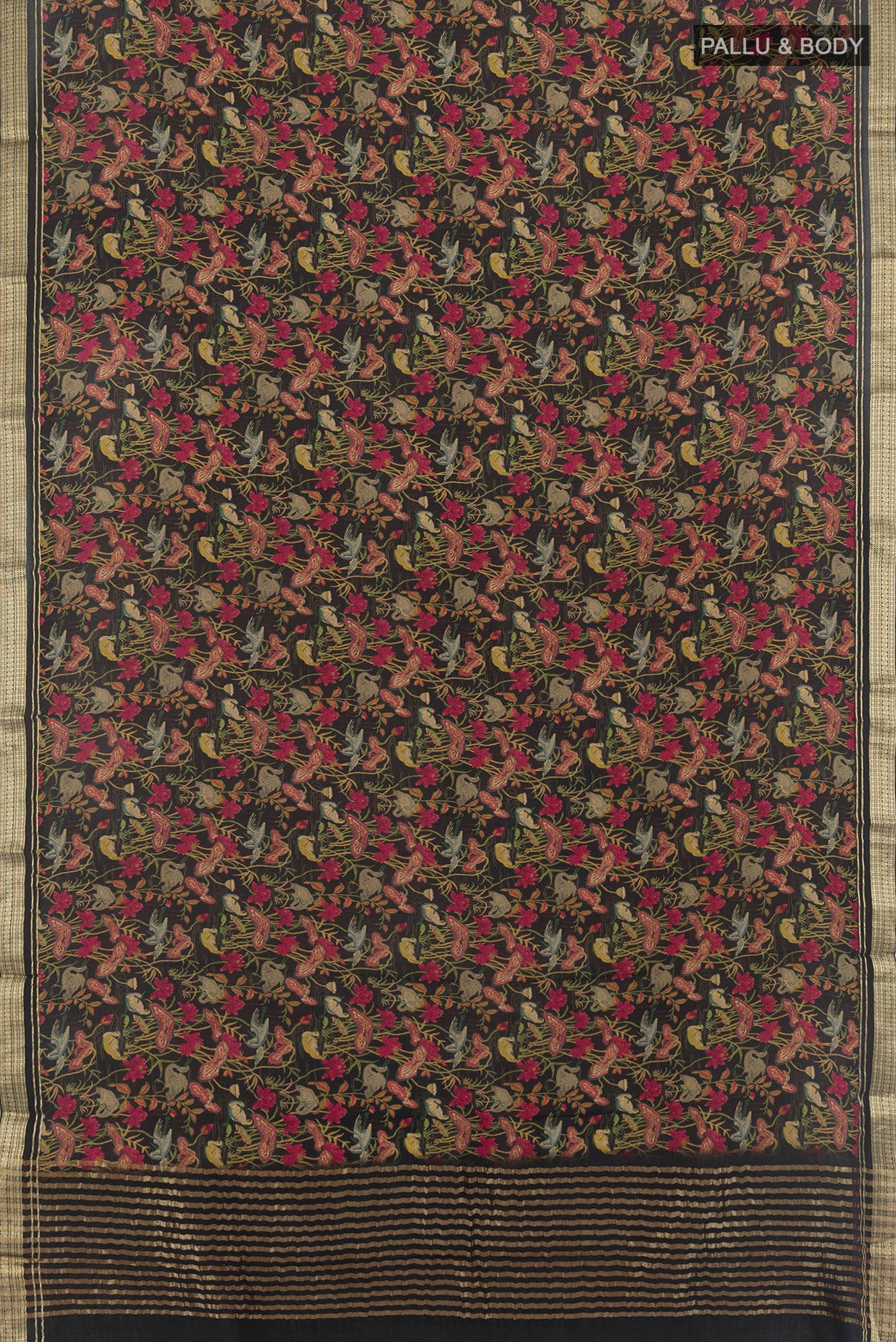 Flat view of Black Mysore Crepe Saree with Floral Print on the body and Zari Border. 