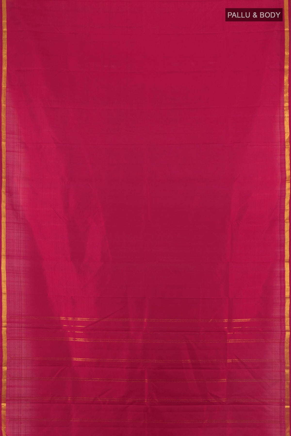 Flat view of Pure Silk Red Kanjivaram Saree with Plain Body and Silk Border. 