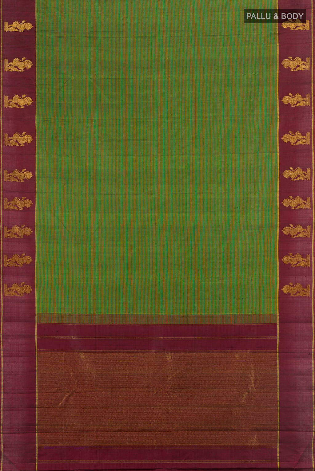 Flat view of Green Kanchipuram Silk Saree with Stripes on the body and Plain Border. 