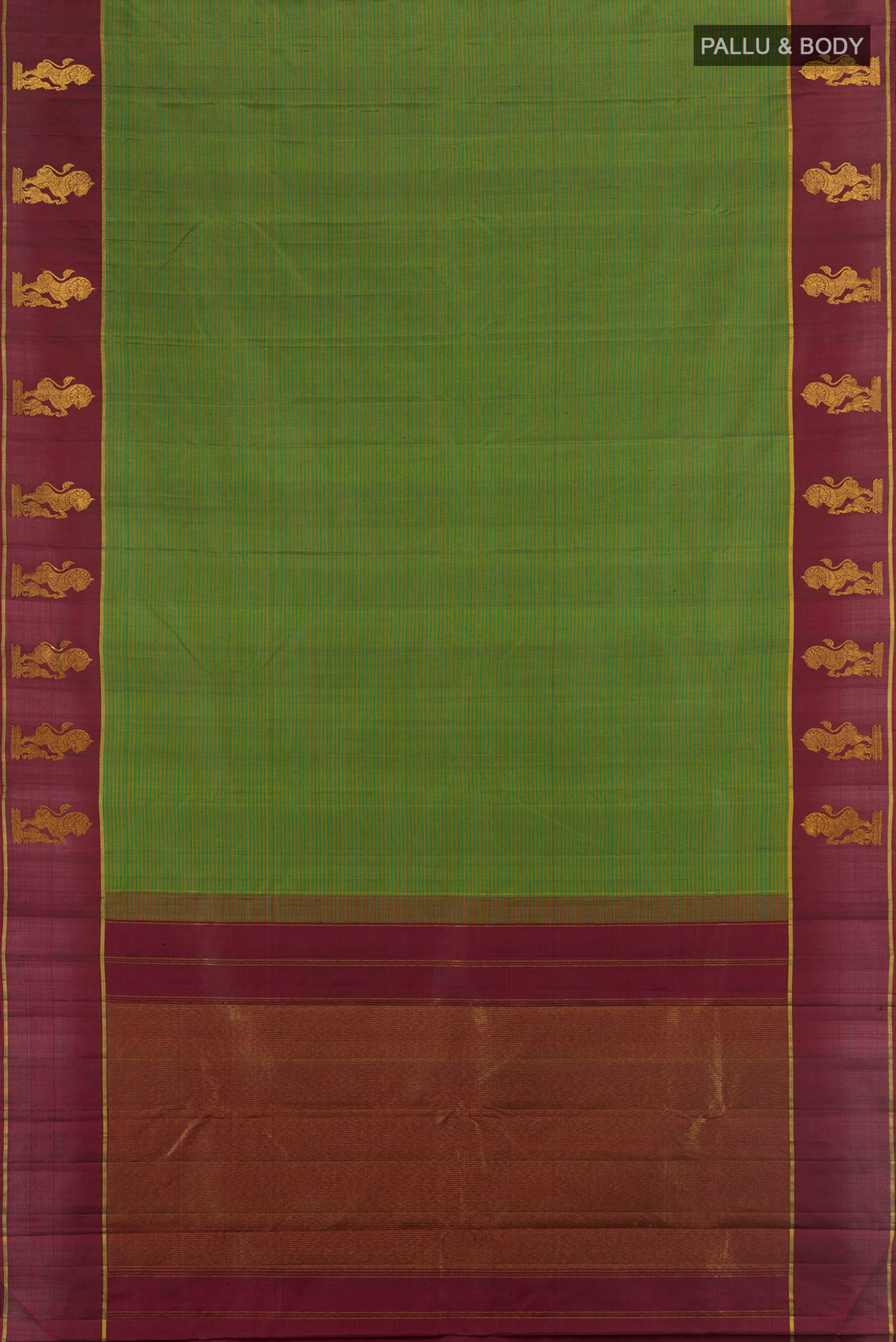 Flat view of Green Kanchipuram Silk Saree with Stripes on the body and Plain Border. 