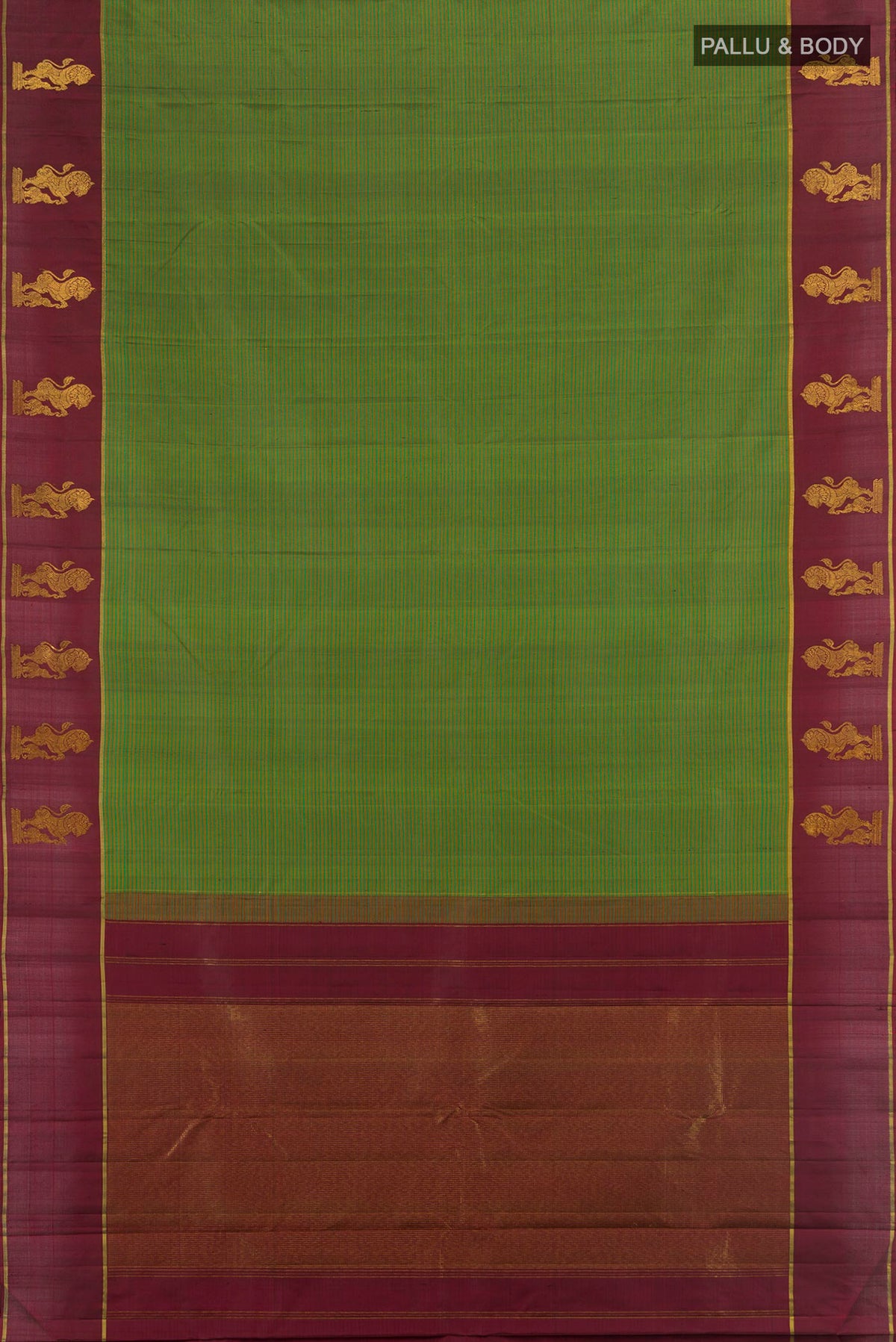 Flat view of Green Kanchipuram Silk Saree with Stripes on the body and Plain Border. 