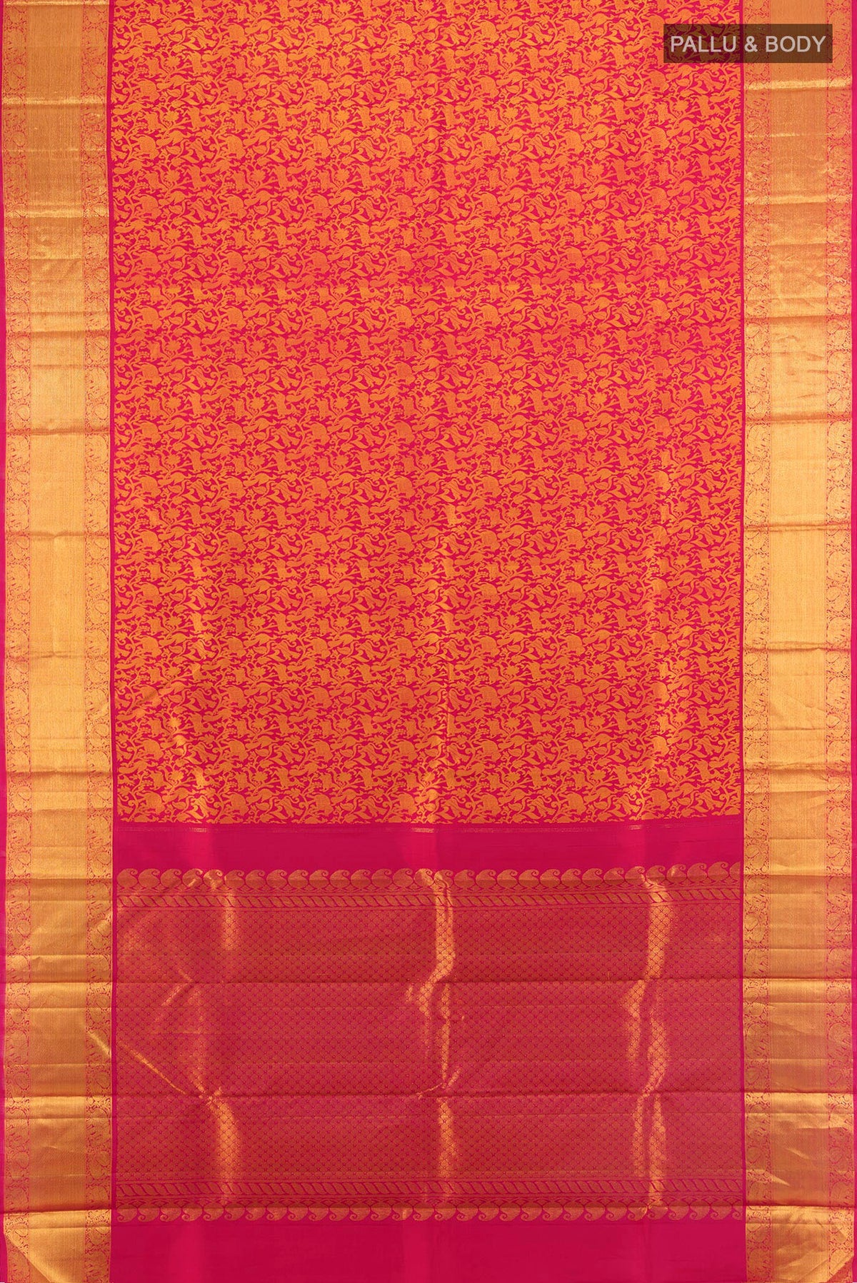 Flat view of Pure Silk Dark Pink Kanjivaram Saree with Jacquard design on the body and Zari Border. 