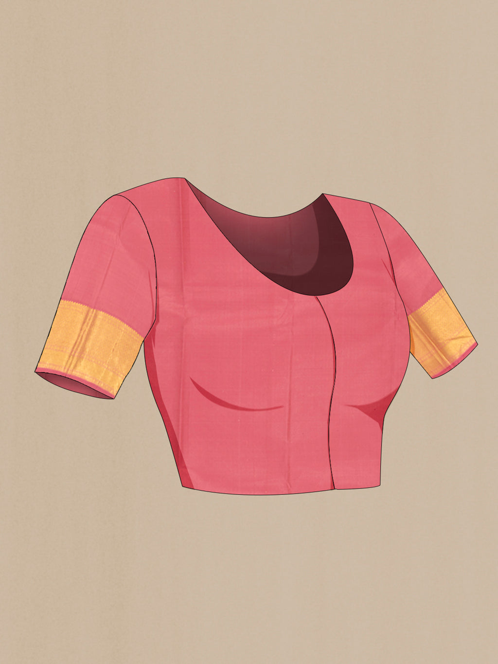 Close up image of the blouse of Pink Kanchipuram Silk Saree with Zari Brocade on the body and Zari Border. 