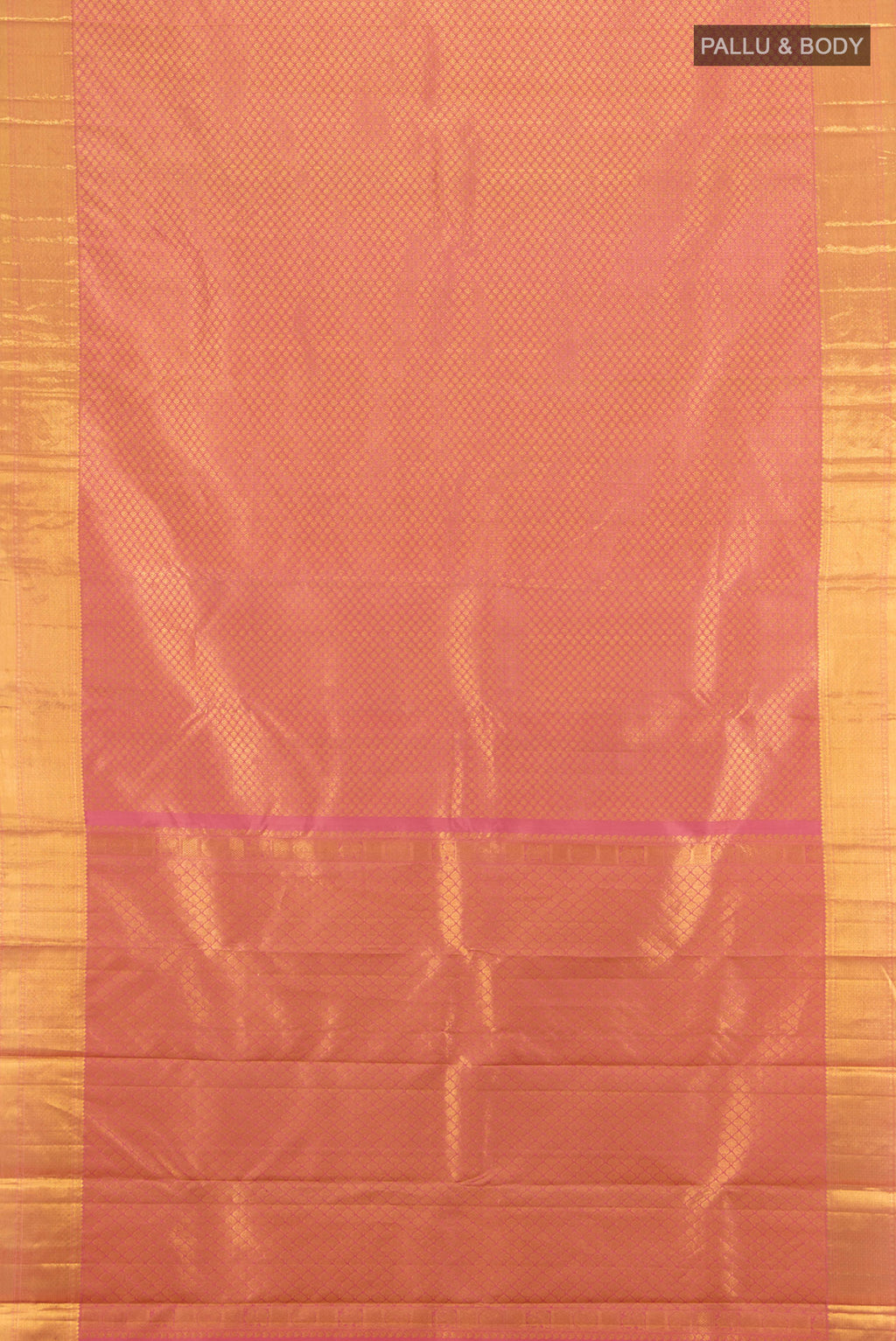 Flat view of Pink Kanchipuram Silk Saree with Zari Brocade on the body and Zari Border. 