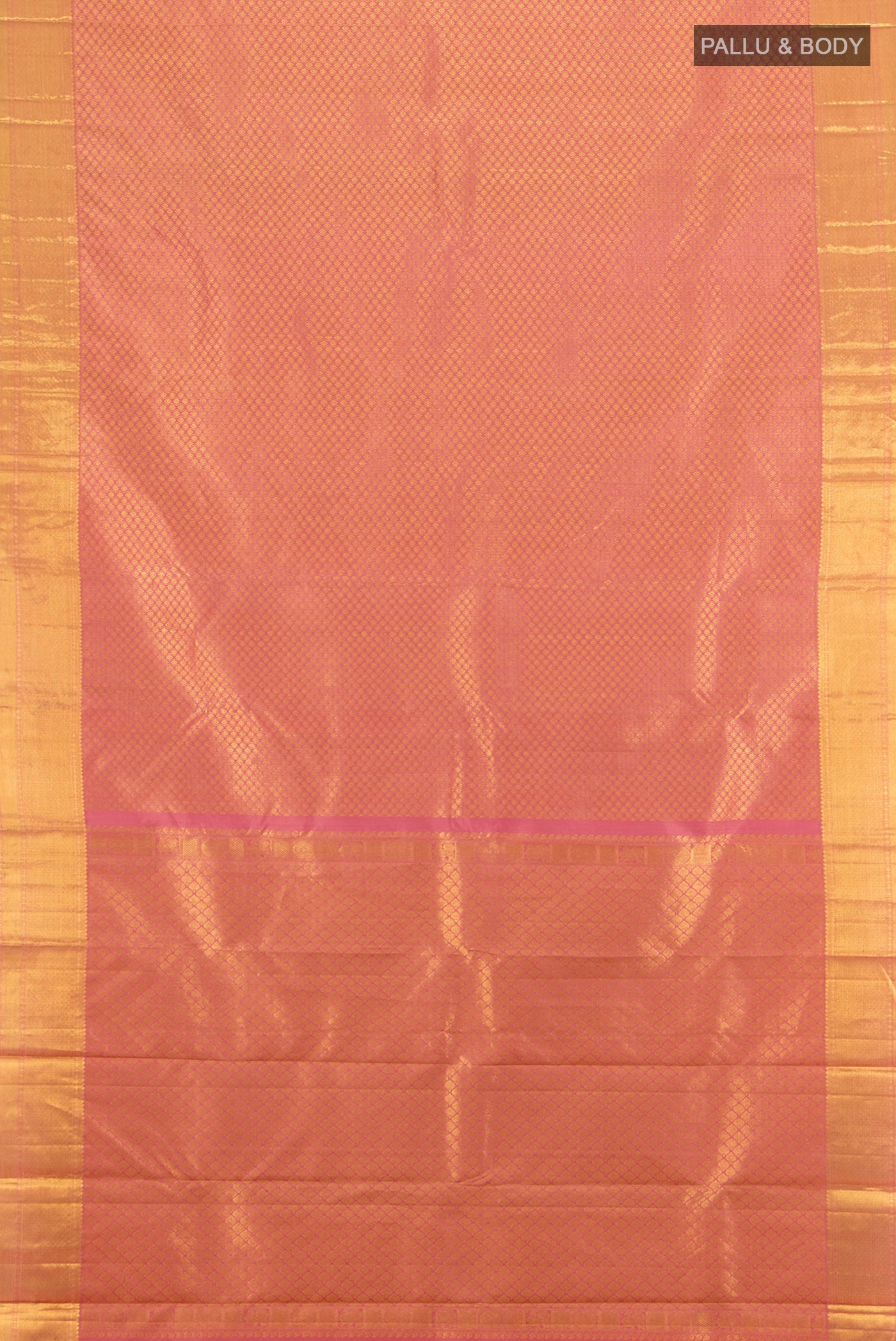Flat view of Pink Kanchipuram Silk Saree with Zari Brocade on the body and Zari Border. 