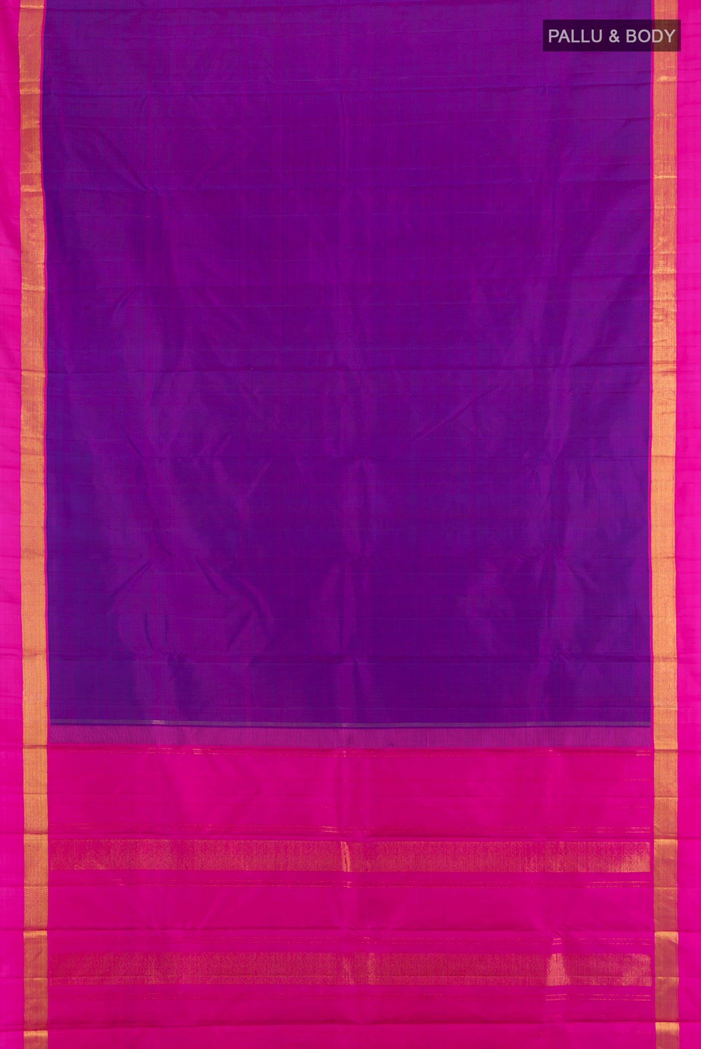 Flat view of Purple Kanjivaram Silk Saree with Plain Body and Zari Border. 