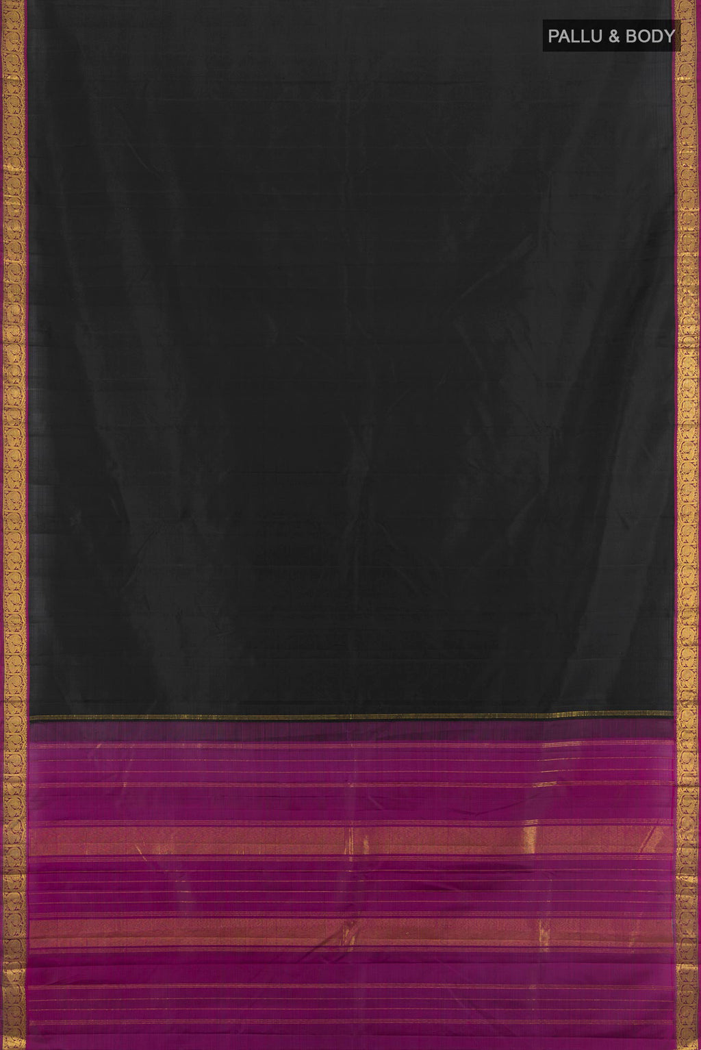 Flat view of Black Kanjivaram Silk Saree with Plain Body and Zari Border. 