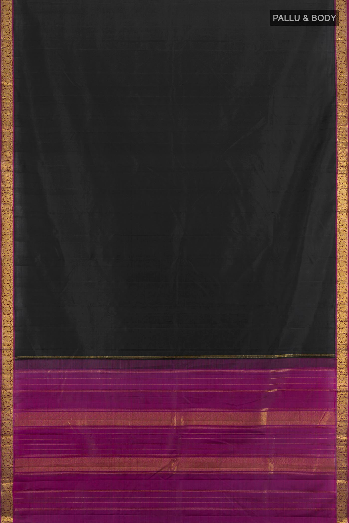 Flat view of Black Kanjivaram Silk Saree with Plain Body and Zari Border. 