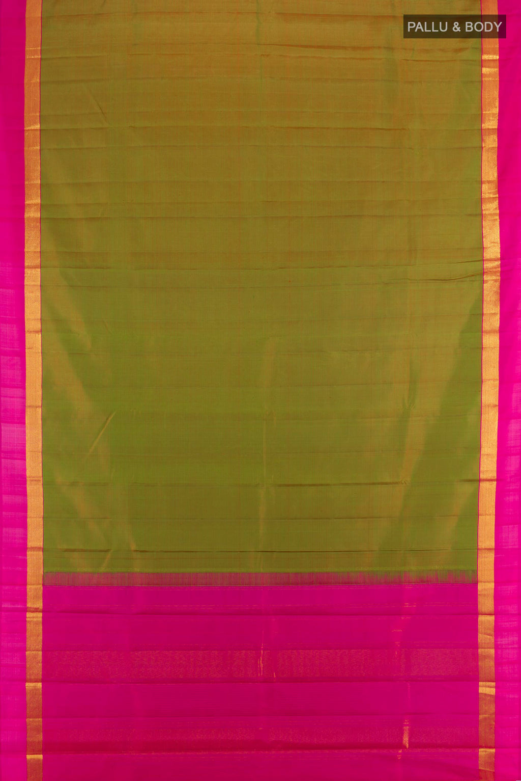 Flat view of Mehandi Green Dual Tone Kanjivaram Silk Saree with Plain Body and Zari Border. 