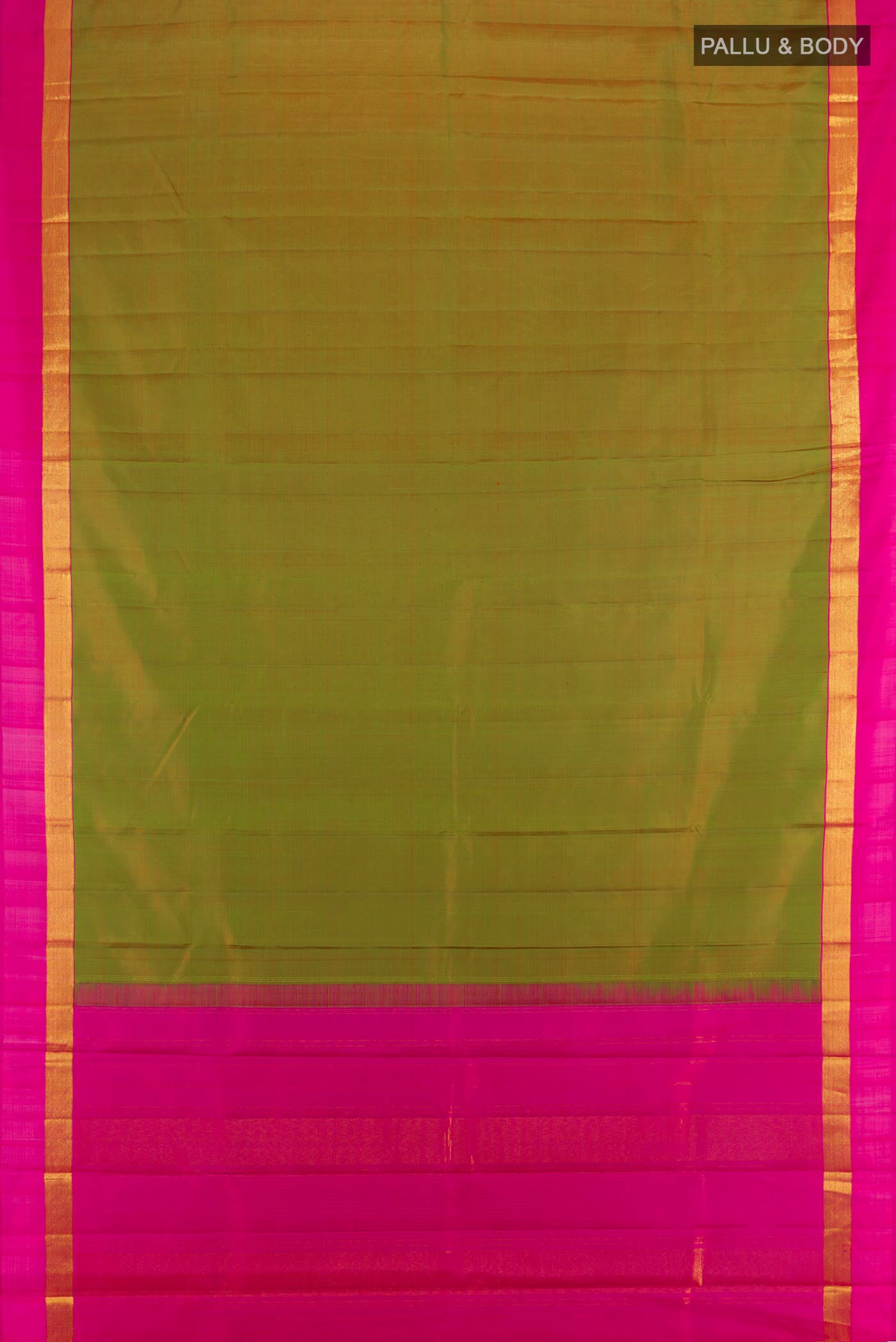 Flat view of Mehandi Green Dual Tone Kanjivaram Silk Saree with Plain Body and Zari Border. 