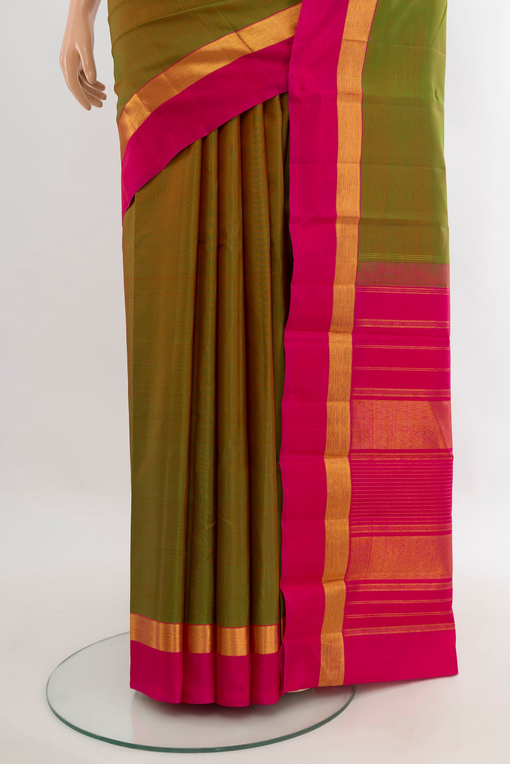 Pleats and pallu of Mehandi Green Dual Tone Kanjivaram Silk Saree with Plain Body and Zari Border. 