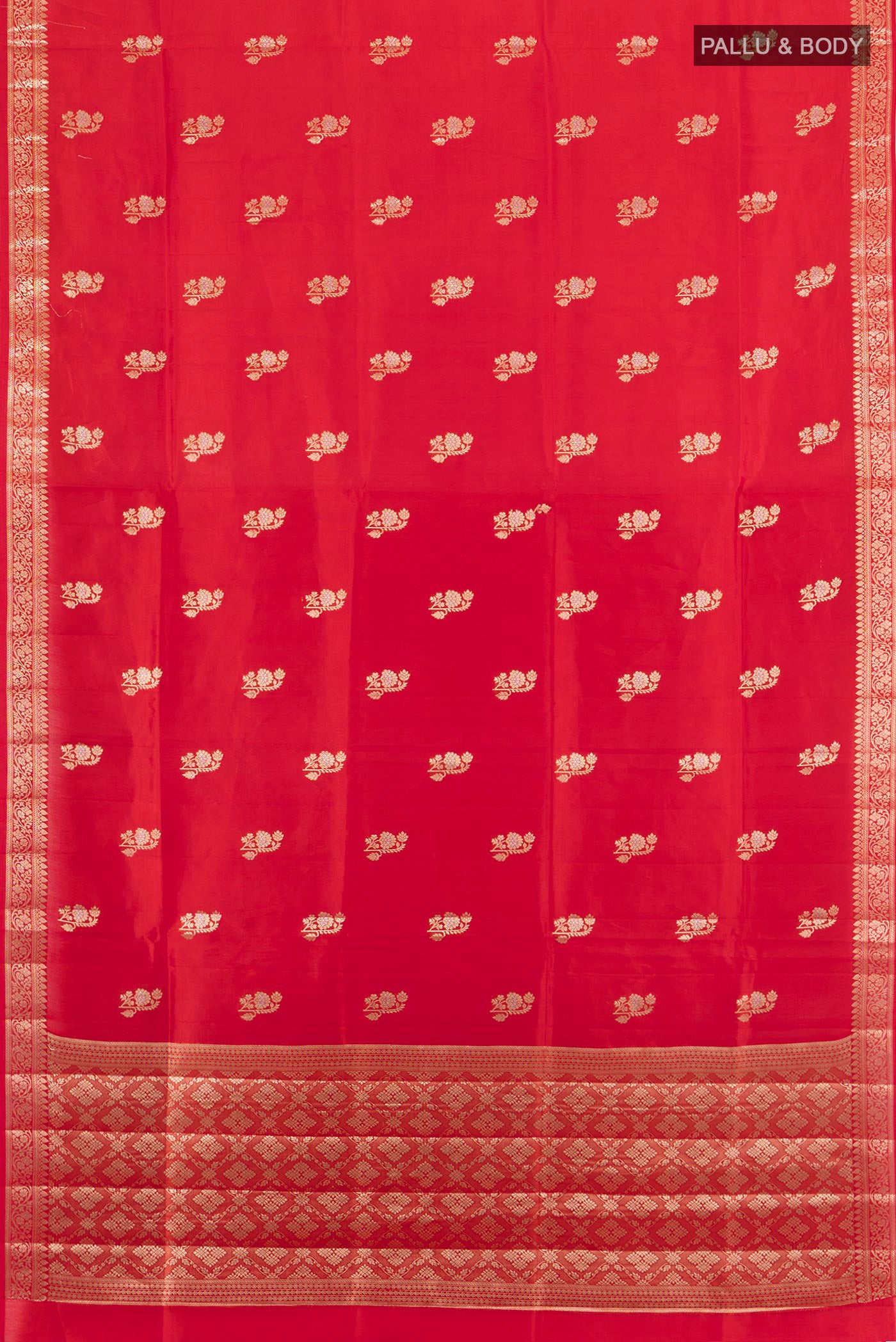 Flat view of Red Banarasi Raw Silk Saree with Zari Butta on the body and Zari Border. 