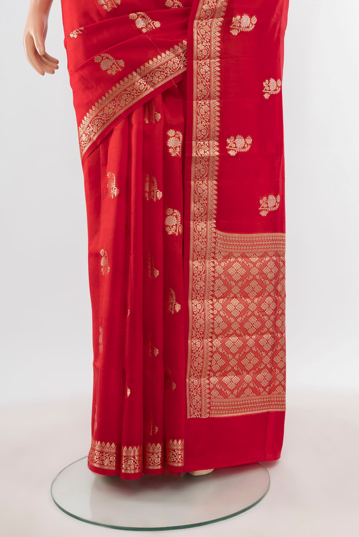 Pleats and pallu of Red Banarasi Raw Silk Saree with Zari Butta on the body and Zari Border. 