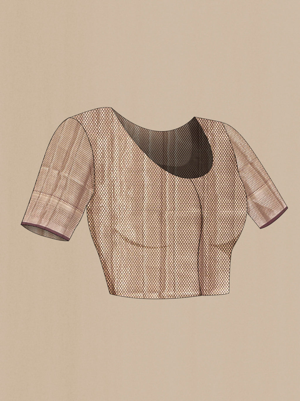 Close up image of the blouse of Coffee Brown Banarasi Raw Silk Saree with Zari Butta on the body and Zari Border. 