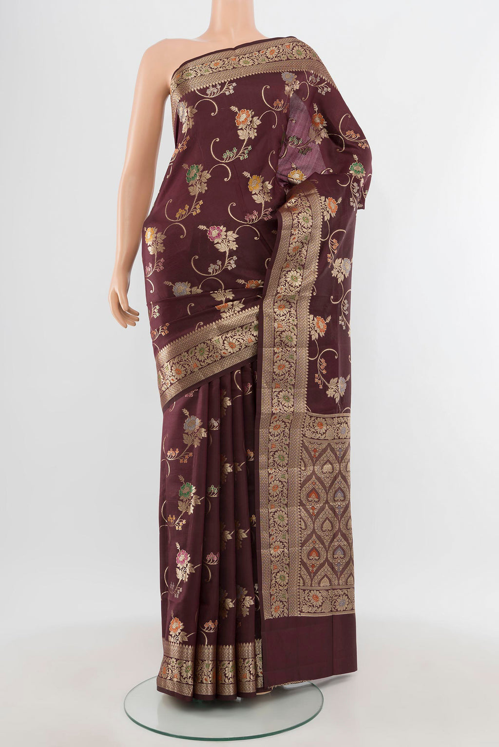 Coffee Brown Banarasi Raw Silk Saree with Zari Butta on the body and Zari Border.  displayed on a mannequin