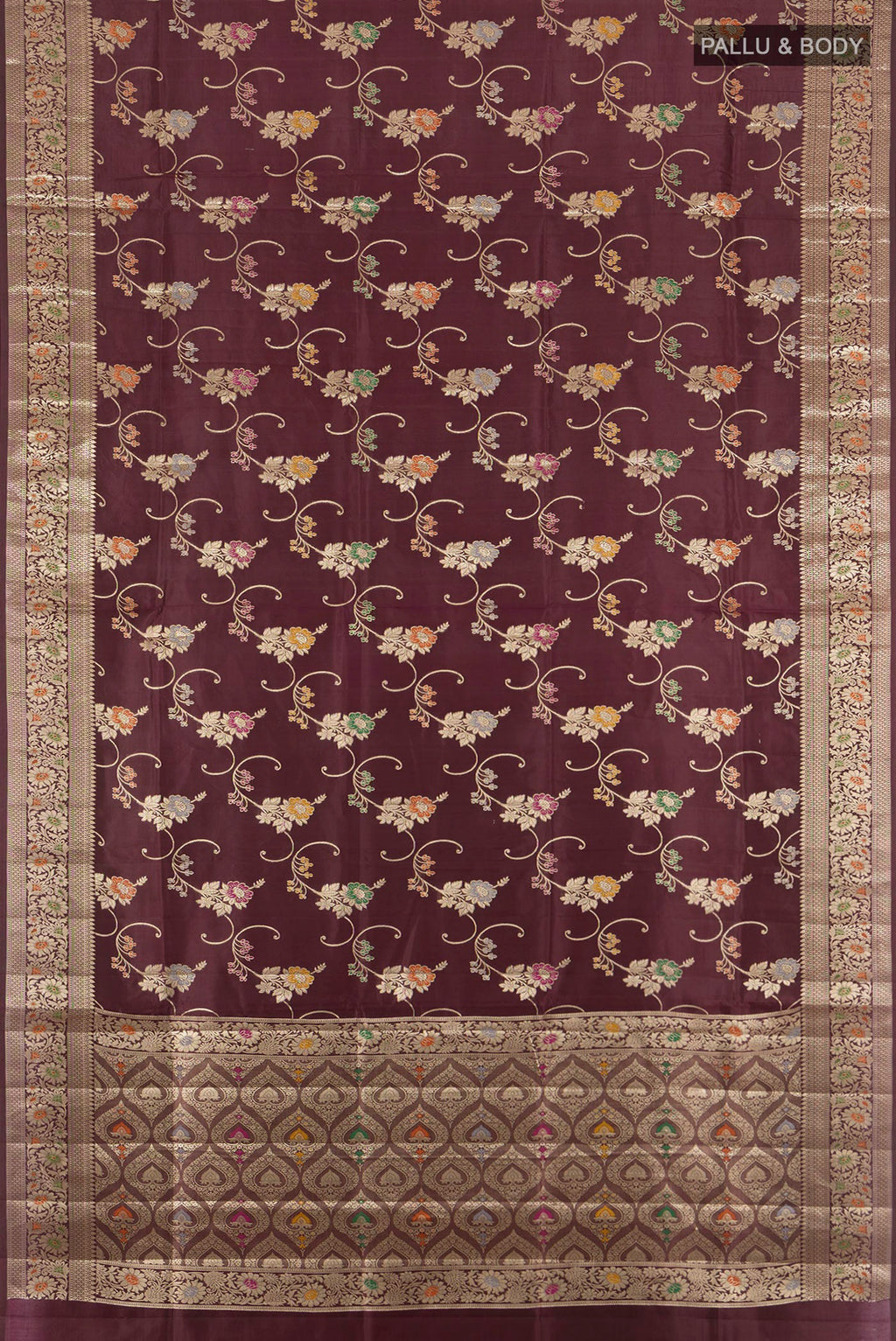 Flat view of Coffee Brown Banarasi Raw Silk Saree with Zari Butta on the body and Zari Border. 