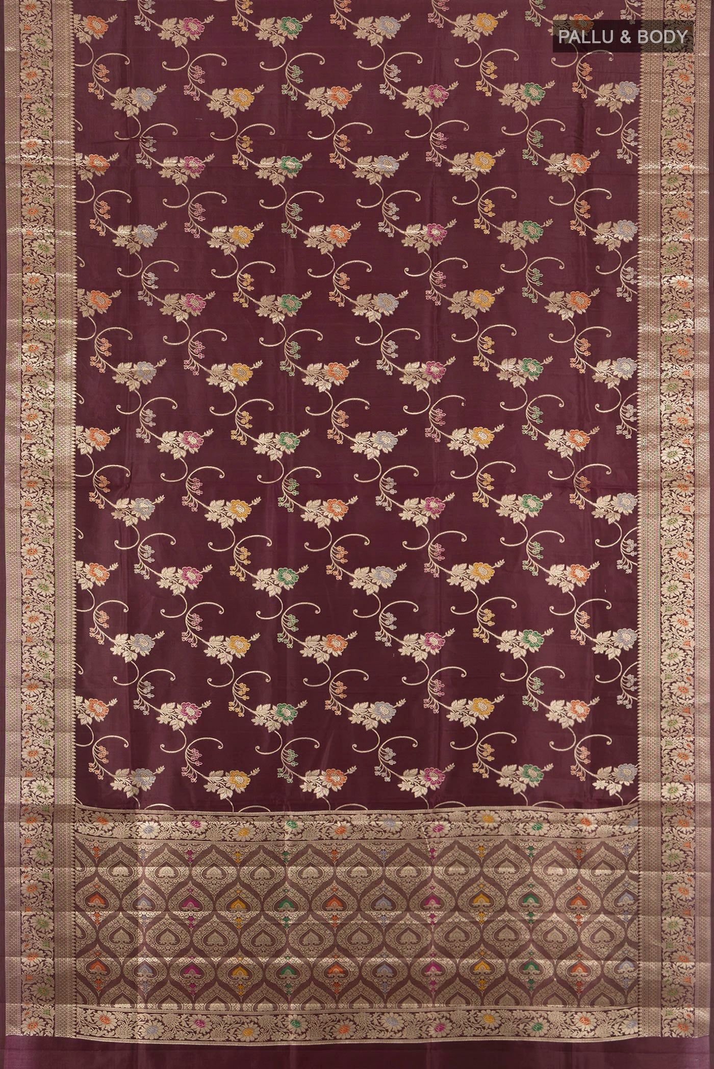 Flat view of Coffee Brown Banarasi Raw Silk Saree with Zari Butta on the body and Zari Border. 