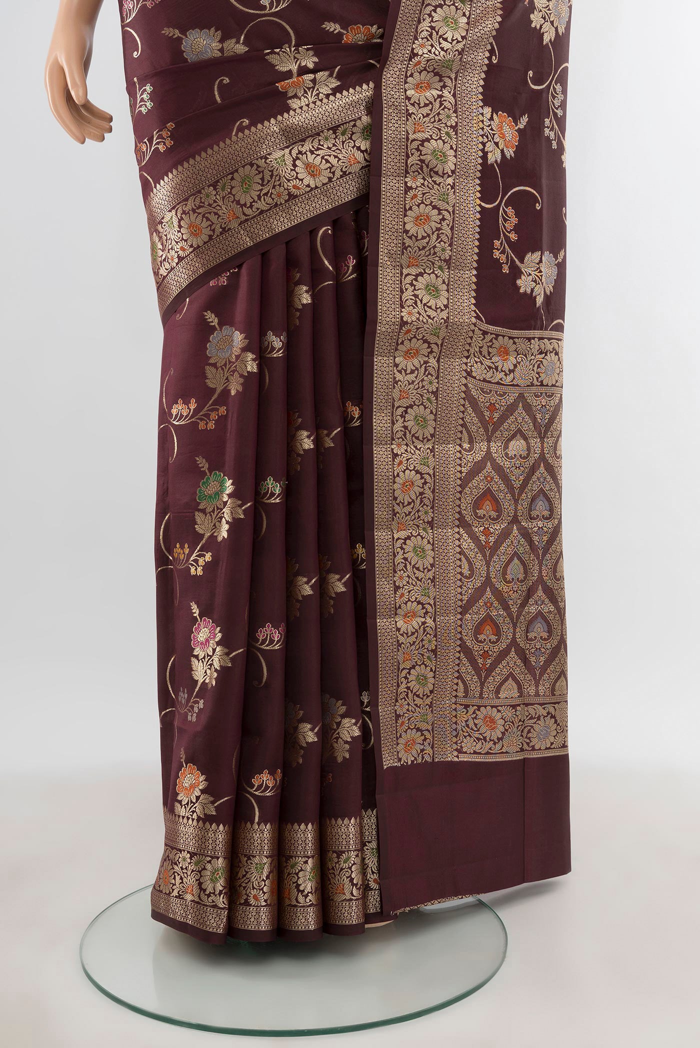 Pleats and pallu of Coffee Brown Banarasi Raw Silk Saree with Zari Butta on the body and Zari Border. 