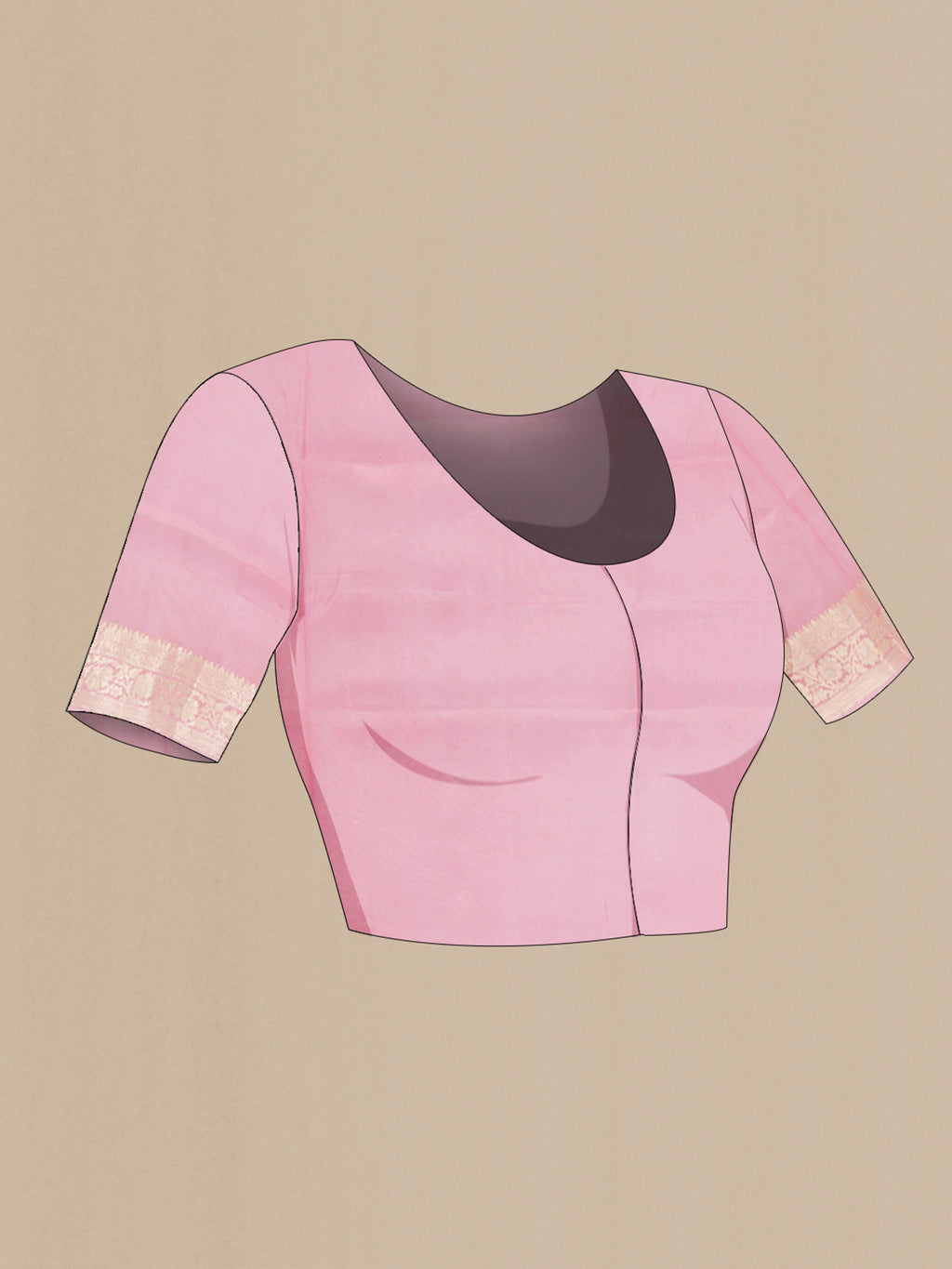 Close up image of the blouse of Rose pink Banarasi Raw Silk Saree with Zari Butta on the body and Zari Border. 
