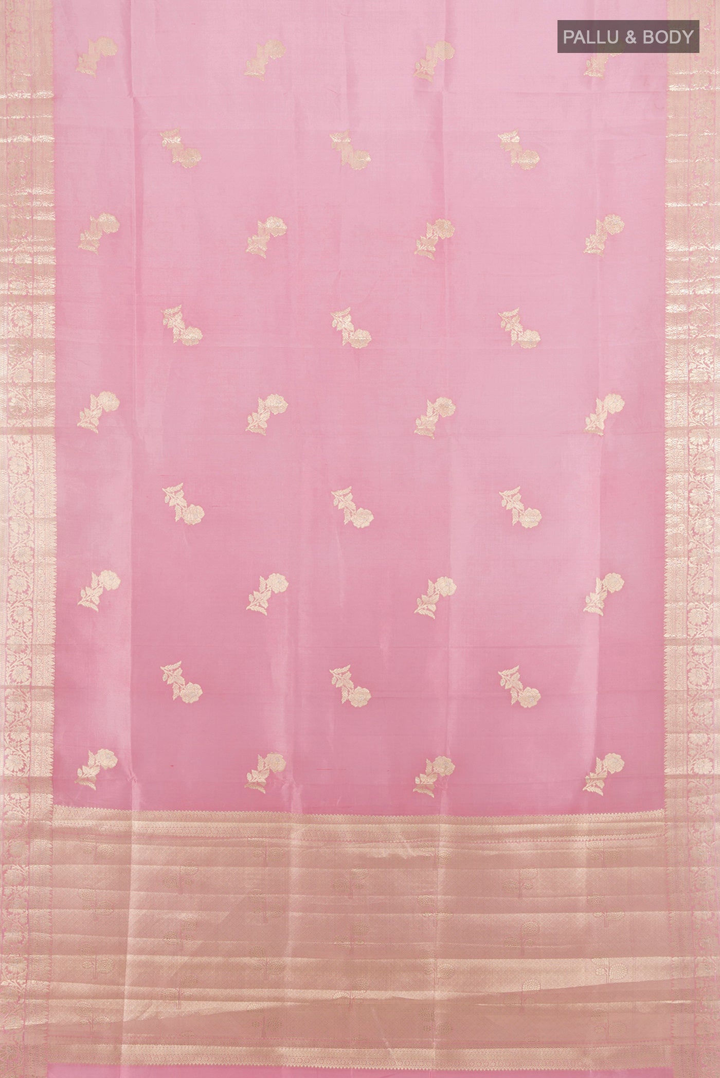 Flat view of Rose pink Banarasi Raw Silk Saree with Zari Butta on the body and Zari Border. 