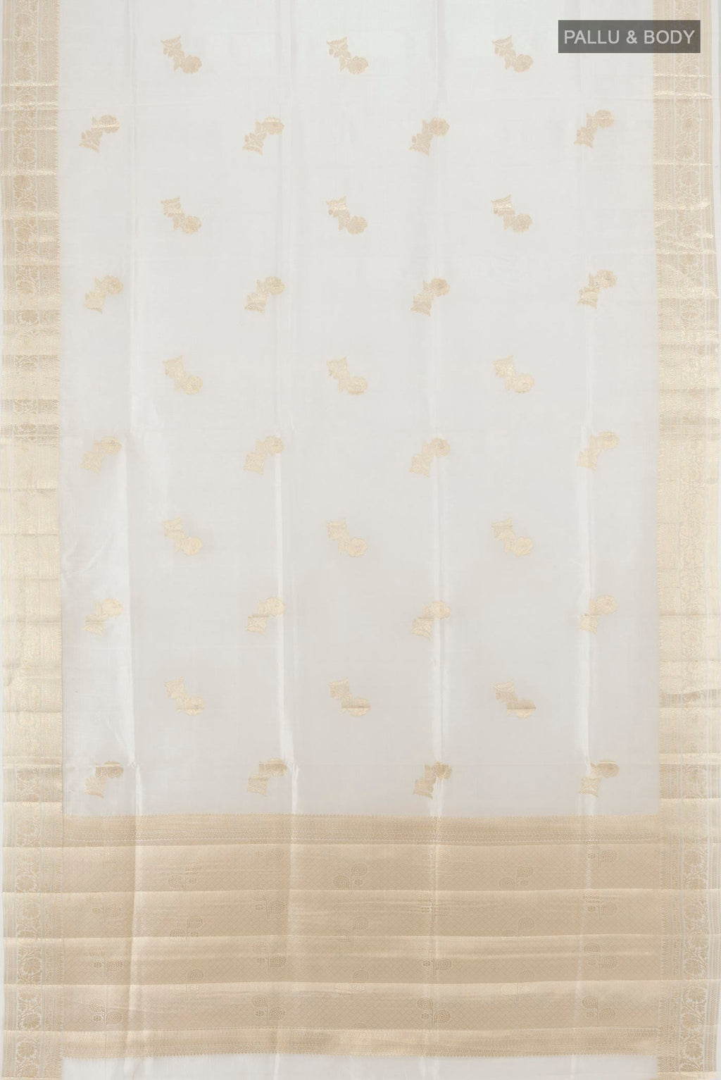 Flat view of White Banarasi Raw Silk Saree with Zari Butta on the body and Zari Border. 